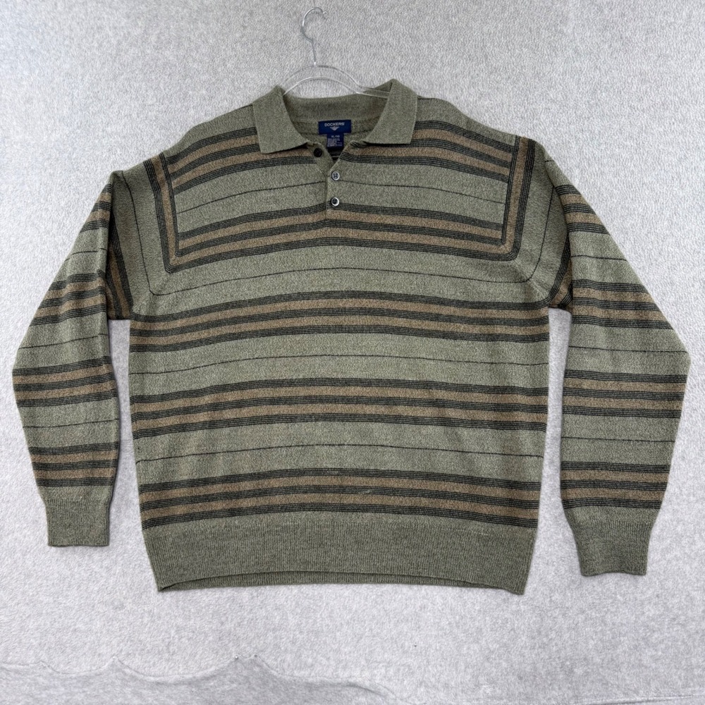 Dockers Polo Sweater Mens XL Green Striped Long Sleeve Acrylic 90s Y2K